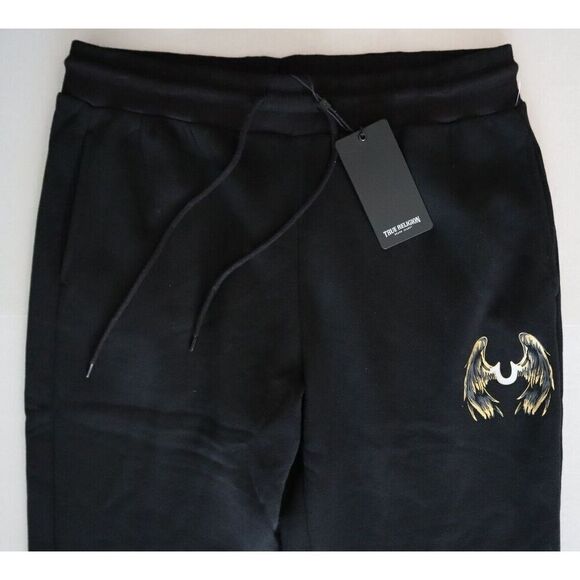 True Religion WMN Sz L Black Metallic Wing Horseshoe Straight Leg Sweatpants - Picture 8 of 14